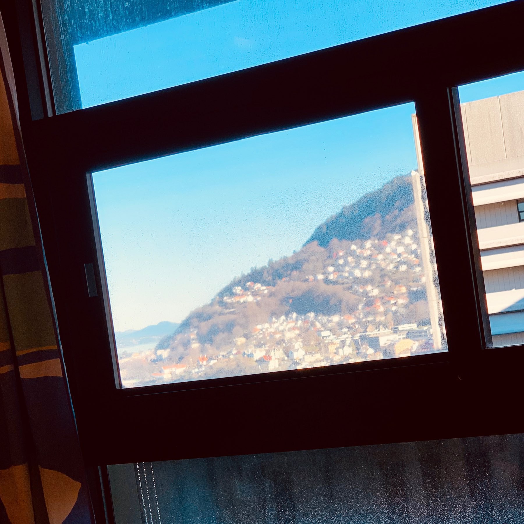 View out the window towards Fløyen from my hospital bed